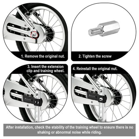 Installation guide for 2 Pack Axle Extenders And Stabiliser Extension Bolts For Kids Bicycle Training Wheels Fits 12 To 24 Inch Bikes