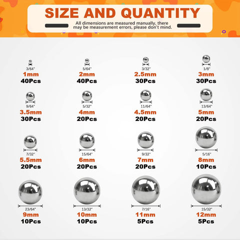 Precision steel bearing ball set; 330-piece assortment in 16 sizes (1–12 mm) with silver balls.