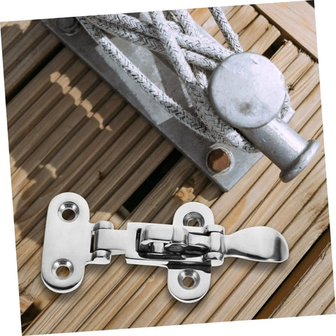 Stainless Steel Marine Catch Latch And Hasp Lock Set Silver 11.5x4.9cm For Boat Cabinets With Saltwater Resistance And Durable Heavy Duty Toggle Clamp Style Installation For Secure Seaworthy Doors mounted on wooden deck