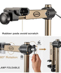Heavy Duty Bike Repair Stand for Home Shop and Pro Mechanics, adjustable 360° clamp, rubber pads, foldable clamp, gold finish.