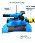 Blue rotary yard sprinkler with wide coverage for lawns and gardens, featuring 4 nozzles, and adjustable spray patterns and angles.