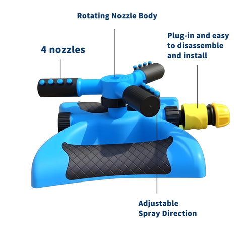 Blue rotary yard sprinkler with wide coverage for lawns and gardens, featuring 4 nozzles, and adjustable spray patterns and angles.