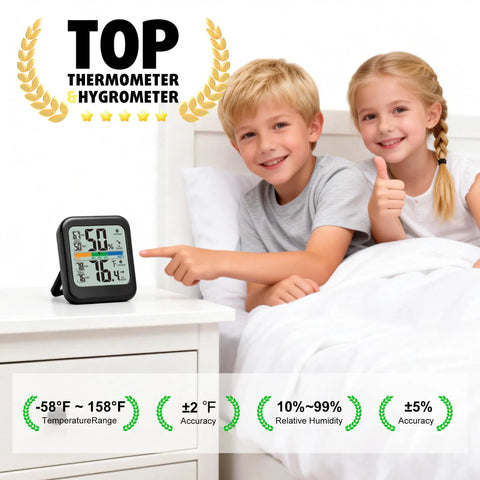 Room Thermometer And Hygrometer Real Time Temperature And Humidity Monitor With Fast Five Second Refresh High Accuracy Digital Meter With 24 Hour Max Min Data Ideal For Humidifiers And Air Conditioning Control on bedside table in kids room