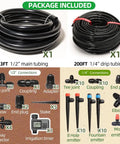 233-Foot Drip Irrigation System Kit With Timer For Garden And Greenhouse includes tubing, fittings, drippers, and timer details.