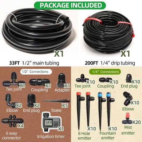 233-Foot Drip Irrigation System Kit With Timer For Garden And Greenhouse includes tubing, fittings, drippers, and timer details.