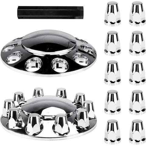 33mm Chrome Front Axle Wheel Covers For Semi Trucks ABS Plastic Hub Caps With Screw On Lug Nut Covers on white background