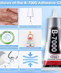 Clear B7000 Glue Rhinestone Tool Kit features including drying time, needle tip, and elasticity, shown with 130ml glue tube.