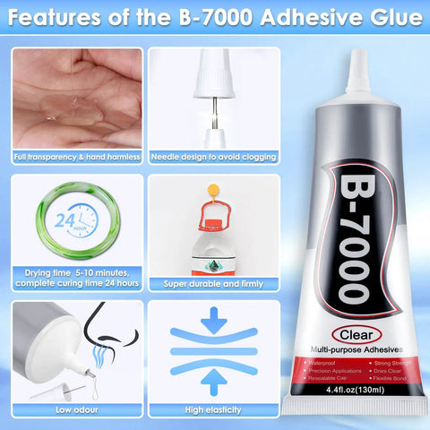 Clear B7000 Glue Rhinestone Tool Kit features including drying time, needle tip, and elasticity, shown with 130ml glue tube.