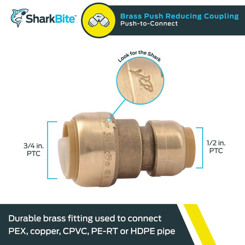 3/4 Inch To 1/2 Inch Reducing Push To Connect Brass Plumbing Fitting For PEX Copper CPVC PE RT HDPE Pipe
