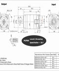 Technical drawing of Planetary Gearbox For Nema 23 Stepper Motor 20 To 1 Gearhead with detailed dimensions and specs