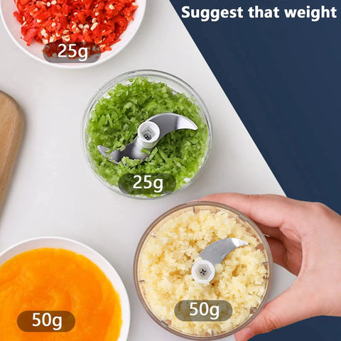 USB Rechargeable Electric Mini Garlic Chopper 100Ml Cordless Food Processor with minced veggies in containers.