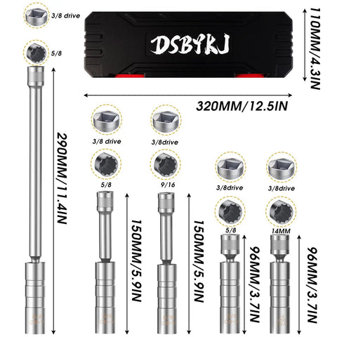 Heavy Duty 3/8 Inch Drive Spark Plug Socket Set With Magnetic Rotary Receptacles displayed with dimensions and components