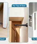 Heavy Duty Black Door Stoppers Sitting Firm On Floor With Thick Silicone Tip Rock Solid Aluminum Build Nonmarking Grip displayed in wall mount, top of door, and door handle positions.