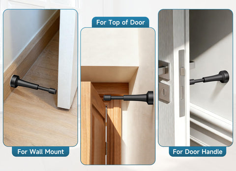 Heavy Duty Black Door Stoppers Sitting Firm On Floor With Thick Silicone Tip Rock Solid Aluminum Build Nonmarking Grip displayed in wall mount, top of door, and door handle positions.