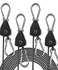 Heavy Duty Adjustable Rope Hanger Set With Ratchet Straps And Pulley Gear Four Pack showing hooks and braided rope