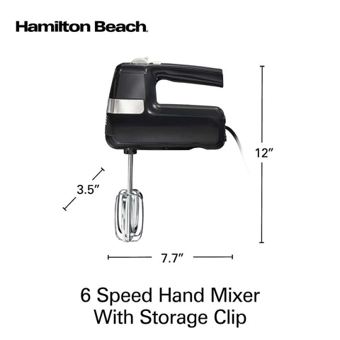 Slick Electric Hand Mixer Packing Six Speeds Plus A Dedicated Stir Button To Dodge Splatter While Whipping Up Thick Dough Or Fluffy Batter Plus Dual Beaters And Heavy Duty Hook Attachments, 6 Speed Hand Mixer with Storage Clip, black, 12" tall