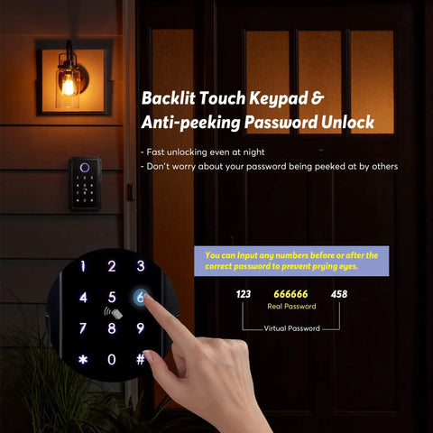 Wireless Key Lock Box With App Access And Bluetooth Ekey Dope Biometric Lockbox, night use, backlit touchscreen against door.
