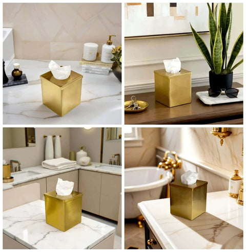 Gold Plated Tissue Box Cover Holder, Square Luxury Tissue Box Holder For Bathroom Vanity Office Bedroom Living Room