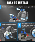 Installation steps for 100Amp Handheld MIG Welder Gasless Flux MIG Welding Machine Portable 100V showing wire feed setup.