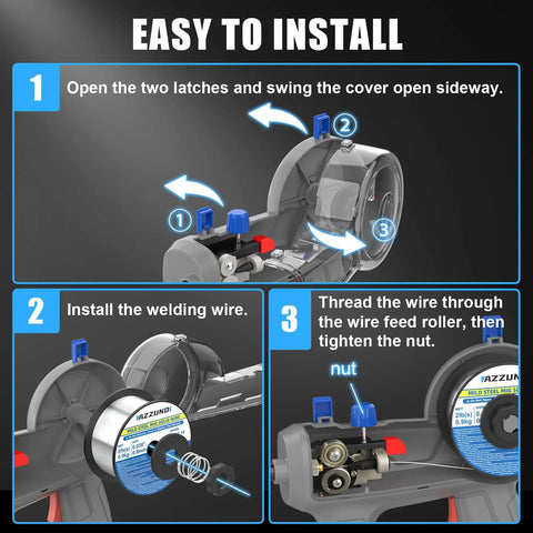 Installation steps for 100Amp Handheld MIG Welder Gasless Flux MIG Welding Machine Portable 100V showing wire feed setup.