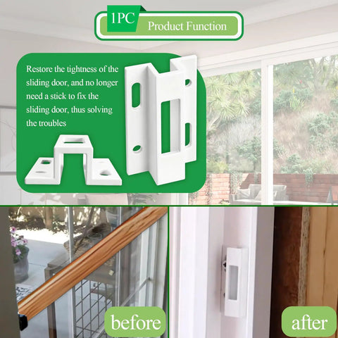 1 Piece E 2124 Aluminum Sliding Door Keeper With Dual Screw Pack For Hook Style Latch, shown with installation before and after.