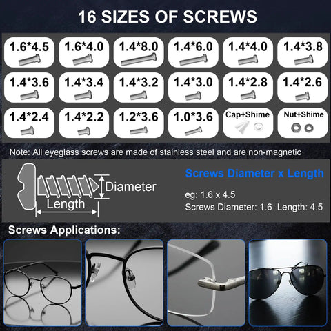 All In One Eyeglass Repair Kit With 16 Screw Sizes, detailed screw dimensions, stainless steel, eyeglass and sunglasses repair guide.