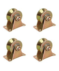 Four heavy-duty 2-inch V-groove caster wheels with zinc-plated steel mounting plates (front view).