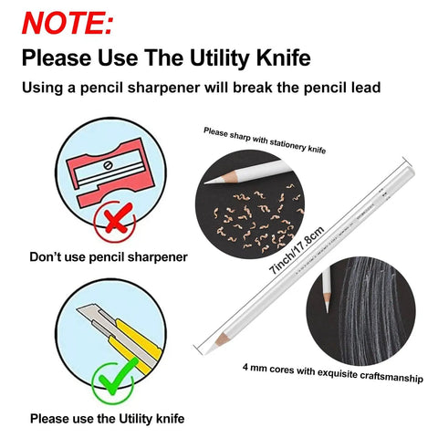 Instructions for sharpening the White Charcoal Pencil Set Six Pack For Dark Paper Highlights And Sketching Pro Grade Blendable Pencils.