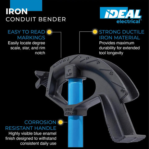 Heavy Duty Ductile Iron Conduit Bender With Handle For 1 In EMT And 3/4 In Rigid IMC Conduits showing markings and handle