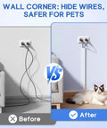 Before and after using 315 Inch Paintable Cord Hider Kit Cable Raceway For Wall Mount TV White Includes 20 Cord Covers 15 Couplings 4 Flat Elbows 3 T Fittings 3 Inside Elbows 3 Outside Elbows And All Fittings For Seamless Plug And Play Wire Management with cat resting.
