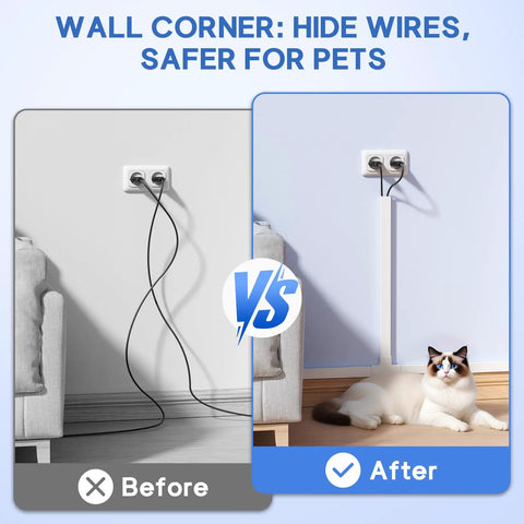 Before and after using 315 Inch Paintable Cord Hider Kit Cable Raceway For Wall Mount TV White Includes 20 Cord Covers 15 Couplings 4 Flat Elbows 3 T Fittings 3 Inside Elbows 3 Outside Elbows And All Fittings For Seamless Plug And Play Wire Management with cat resting.