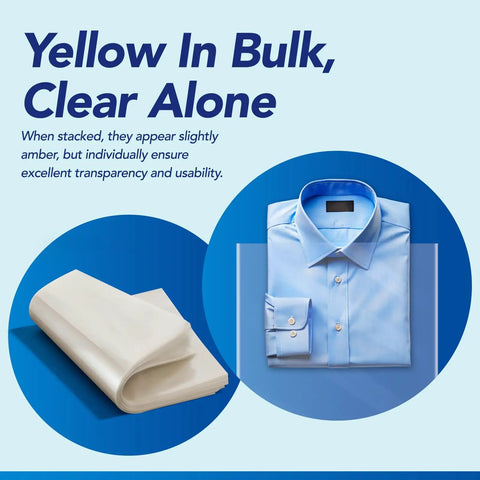 Straight Up Solid Heavy Duty Heat Shrink Wrap Bags 500 Pack 4x6 Inch Clear Film on a blue background with a folded dress shirt.