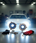 Two Pack LED Headlight Bulb Base Adapter Socket Holders Universal Fit For 880 HB4 HB3 H11 H7 H4 H3 H1 on table with car in background