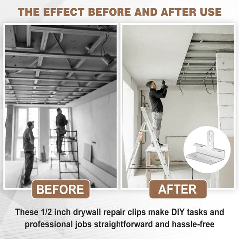Comparison of drywall installation before and after using 100 Pack 1/2 Inch Drywall Corner Repair Clips And Wall Back Up Fasteners.
