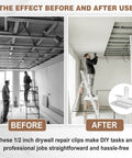 Before and after use of 50 Pack Of 1/2 Inch Drywall Corner Repair Clips Featuring Top Shelf Wall Backup Fasteners.