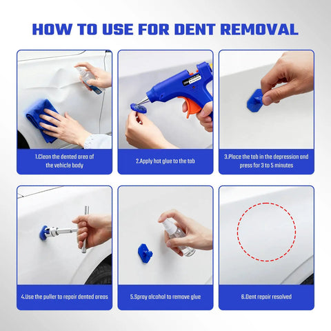 Paintless Car Dent Repair Kit With Portable Dent Puller Tools 28 Piece Dent Removal Set For Car Doors Hail Damage And Refrigerator Dents No Drilling Safe On Paint Easy DIY Body Fix, step-by-step car dent repair guide