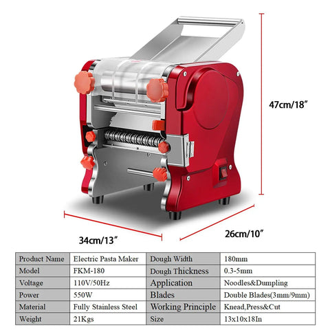 LEONEBEBE Electric Pasta Maker For Home Use Commercial Dough Sheeter showing red stainless steel design, dual cutter, and adjustable thickness.
