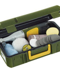 Dope Angle Polisher For Tight Spots And Finishing Touches with accessories in a green carrying case.