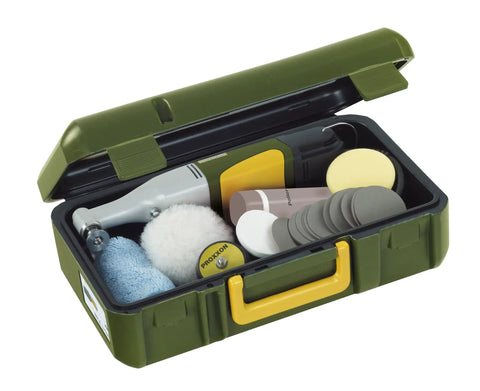 Dope Angle Polisher For Tight Spots And Finishing Touches with accessories in a green carrying case.