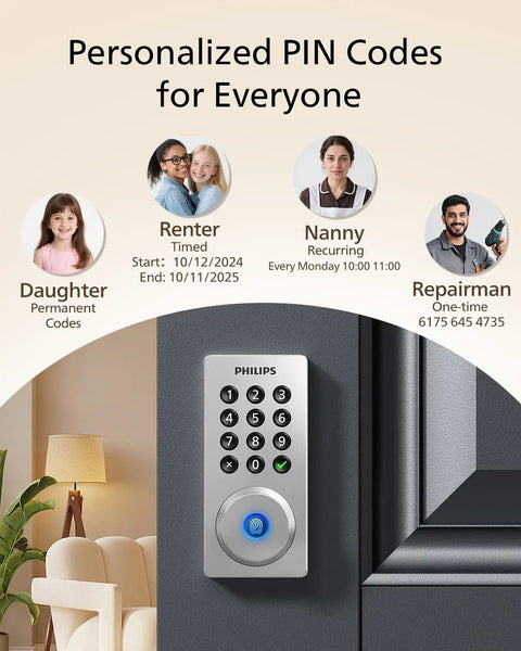 WiFi Smart Door Lock With Keyless Entry And Auto Lock, Remote App Control, Fingerprint, Passcode, And Key Access, Voice Control With Alexa And Google Assistant For Front Door Security showing personalized PIN options.
