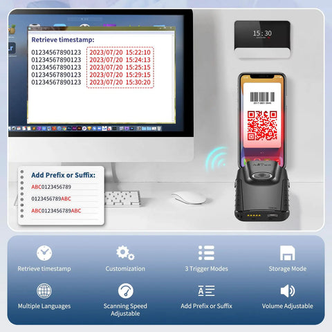 2D Bluetooth Barcode Scanner E800 Portable Gun Style 3 In 1 QR Reader With Back Clip used on phone next to a computer screen.