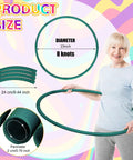 Smiling woman holding Six Detachable Plastic Exercise Hoops Set For Teens And Kids, Colorful 23 Inch Dark Green Hoops.