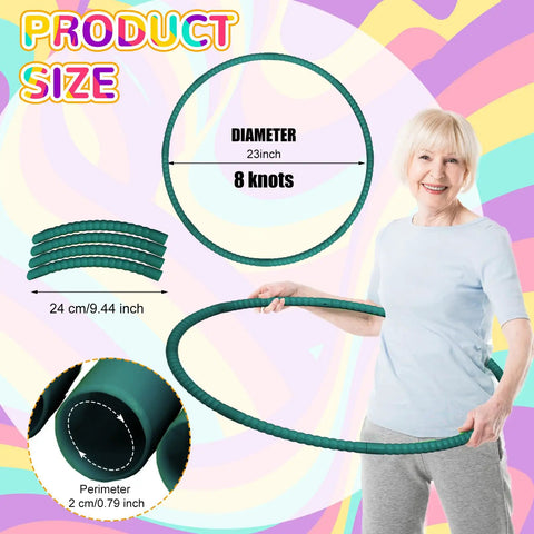 Smiling woman holding Six Detachable Plastic Exercise Hoops Set For Teens And Kids, Colorful 23 Inch Dark Green Hoops.