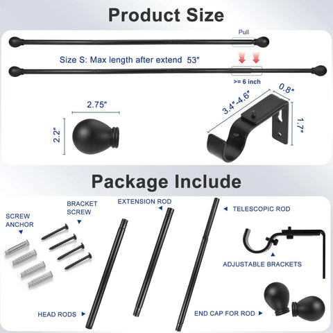 Heavy Duty Black Curtain Rod Set For Windows 45 To 48 Inches With Matte Black Lamp Style Finials shown with components and measurements