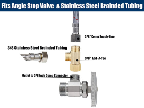 Three Eighths Inch Compression Tee Fittings Water Line Splitter With Angle Stop Add A Tee Brass 3 Way Valve Lead Free DIY Friendly Plumbing Connector For Potable And Non Potable Water