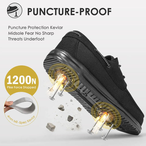 Men's Steel Toe Work Shoes Slip Resistant Lightweight Safety Loafers Built For Tough Jobs On Construction And Factory Floors With All Day Comfort And ASTM F2413 18 Impact Protection Black Size 7 showing Kevlar midsole protection with nails and debris.