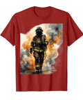 Badass Firefighter Dragging Heavy Hose Through Burnt Smoke Graphic Tee For Men In Deep Cranberry Red Short Sleeve Pullover.