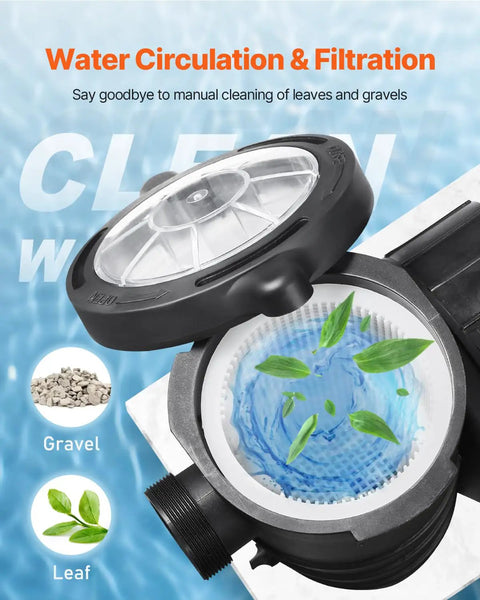 Tough As Nails Dual Speed Above Ground Pool Pump With 1.5 HP Copper Motor, showing water filtration strainer with leaves and gravel.