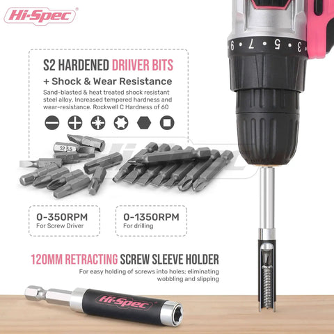 Close-up of driver bits and sleeve holder for Pink Cordless Drill Set 18V With 18Nm Torque And 550 RPM Includes Driver Bit Set For Wood.