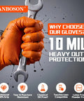 Heavy Duty 10 Mil Nitrile Gloves With Diamond Grip Latex Free Chemical Resistant Orange Disposable Mechanic Gloves For Oil, Automotive And Industrial Work Extra Large being used to grip a wrench, showcasing 10 mil heavy-duty protection and diamond grip.